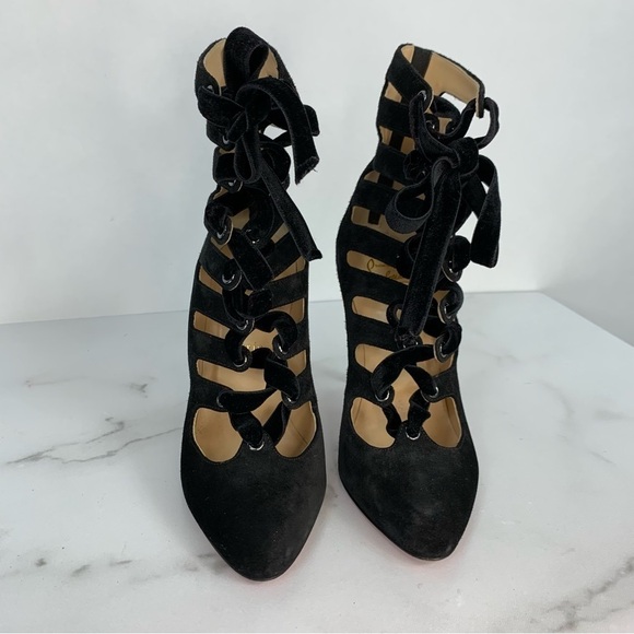 Christian Louboutin Spinetita Velvet Cage Lace-Up Suede Leather Booties Heels - Picture 5 of 16